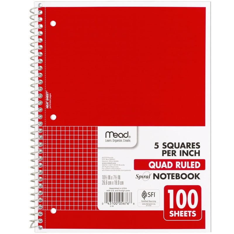 Mead Spiral Notebook, 1 Subject, Graph Ruled Paper, 7-1/2" x 10-1/2", 100 Sheets, Fire Red (05676AB5) - Image 1
